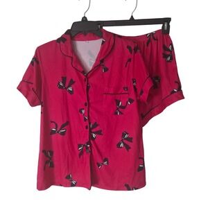 Womens Pink Bow Print Pajama Set Short Sleeve Button Up Top Shorts Size M